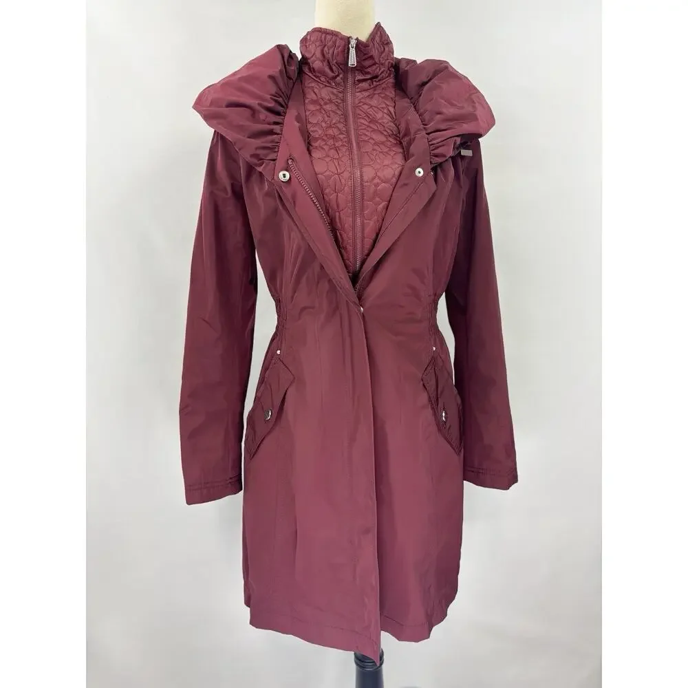 Laundry by Shelli Segal Parka Coat Jacket Burgundy Medium Hooded Quilted